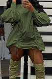 Army Green Design Newest Long Skeeve High Neck Loose Drawstring Dress DR88136-1