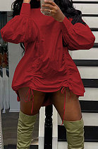 Red Design Newest Long Skeeve High Neck Loose Drawstring Dress DR88136-3