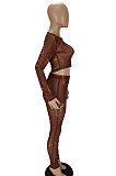 Coffee Night Club Letter Printed Long Sleeve Crop Tops Skinny Pants Mesh Fashion Suit MN8383-4