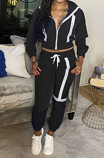 Black Sports Women's Webbing Long Sleeve Hoodie Coat Jogger Pants Suit JH279-2