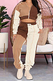 Pink Women Keep Warm Zipper Spliced Contrast Color Hoodie Sport Pants Sets GL6521-2