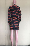 Black Preppy New Letter Printed Long Sleeve Loose Dress ORY5214