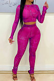 Blue Night Club Letter Printed Long Sleeve Crop Tops Skinny Pants Mesh Fashion Suit MN8383-1