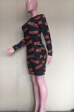 Black Preppy New Letter Printed Long Sleeve Loose Dress ORY5214