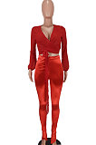 Red Women Chiffon Top Pure Color Pants Sets ED1084-1