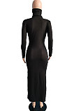 Black Modest New Ribber Long Sleeve High Neck Slim Fitting Slit Dress TC096-2