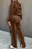 Khaki Preppy Women's Velvet Strapless+Cardigan Coat Trousers Plain Color Three Piece DR88137-2