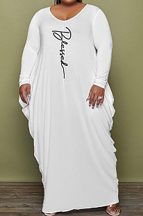 White Fat Women's Letter Printed Long Sleeve Round Neck Loose Irrugelar Hem Long Dress MK066-5
