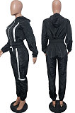 Black Sports Women's Webbing Long Sleeve Hoodie Coat Jogger Pants Suit JH279-2