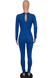 Blue Pure Color Sexy Long Sleeve Dew Waist Ruffle Bodycon Jumpsuits HY5245-2