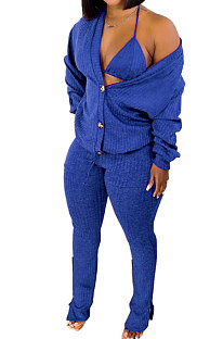 Blue Women Pure Color Velvet Coat Underwear Pocket Split Pants Three Pieces GL6519-12