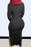 Dark Blue Modest New Ribber Long Sleeve High Neck Slim Fitting Slit Dress TC096-1