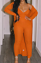 Orange Wholesale Women's Ribber Jumpsuits+Cardigan Coat Plain Color Suits SY8832-4