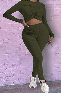 Army Green Pure Color Sexy Long Sleeve Dew Waist Ruffle Bodycon Jumpsuits HY5245-1