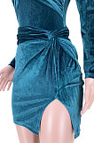 Army Green Euramerican Women Club Velvet Zipper Knotted Split Skirts Sets GL6518-5