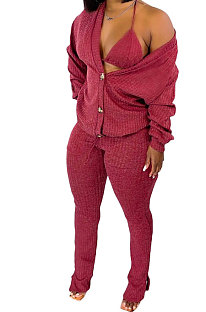 Red Women Pure Color Velvet Coat Underwear Pocket Split Pants Three Pieces GL6519-4