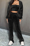Black Preppy Women's Velvet Strapless+Cardigan Coat Trousers Plain Color Three Piece DR88137-5