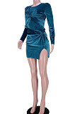 Wine Red Euramerican Women Club Velvet Zipper Knotted Split Skirts Sets GL6518-6
