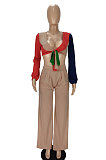 Khaki Sexy Matching Color Low-Cut Bandage Tops Wide Leg Pants With Pocket Suit MN8384-3