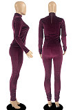 Dark Purple Wholesale Velvet Long Sleeve High Neck Tops Skinny Pants Slim Fitting Suit DR88131-1