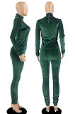 Green Wholesale Velvet Long Sleeve High Neck Tops Skinny Pants Slim Fitting Suit DR88131-3