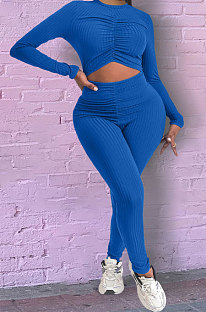 Blue Pure Color Sexy Long Sleeve Dew Waist Ruffle Bodycon Jumpsuits HY5245-2