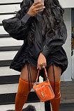 Black Newest Women's Puff Sleeve Loose Drawsting Mini Dress ORY5213-2