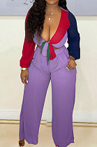 Purple Sexy Matching Color Low-Cut Bandage Tops Wide Leg Pants With Pocket Suit MN8384-2