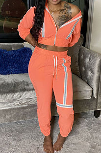 Orange Sports Women's Webbing Long Sleeve Hoodie Coat Jogger Pants Suit JH279-1