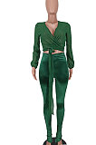 Green Women Chiffon Top Pure Color Pants Sets ED1084-3