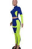 Blue Women Sexy Trendy Dew Waist Color Matching Sport Bodycon Pants Sets ED1088-3