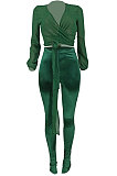 Green Women Chiffon Top Pure Color Pants Sets ED1084-3