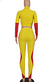 Khaki Women Sexy Trendy Dew Waist Color Matching Sport Bodycon Pants Sets ED1088-2