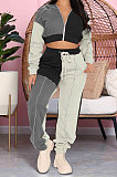 Black Women Keep Warm Zipper Spliced Contrast Color Hoodie Sport Pants Sets GL6521-3