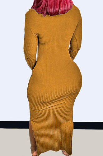 Orange Modest New Ribber Long Sleeve High Neck Slim Fitting Slit Dress TC096-5