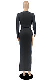 Dark Apricot Women's Milk Fiber Long Sleeve Round Neck Slim Fitting High Slit Dress DR88129-5