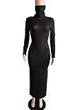 Dark Purple Modest New Ribber Long Sleeve High Neck Slim Fitting Slit Dress TC096-4