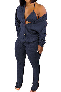 Dark Blue Women Pure Color Velvet Coat Underwear Pocket Split Pants Three Pieces GL6519-8