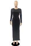 Black Women's Milk Fiber Long Sleeve Round Neck Slim Fitting High Slit Dress DR88129-3
