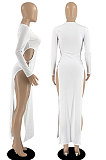 White Women's Milk Fiber Long Sleeve Round Neck Slim Fitting High Slit Dress DR88129-2