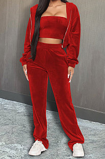 Red Preppy Women's Velvet Strapless+Cardigan Coat Trousers Plain Color Three Piece DR88137-3