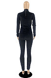 Grey Wholesale Velvet Long Sleeve High Neck Tops Skinny Pants Slim Fitting Suit DR88131-2