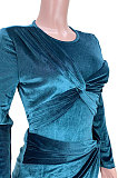 Blue Euramerican Women Club Velvet Zipper Knotted Split Skirts Sets GL6518-1