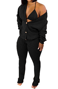 Black Women Pure Color Velvet Coat Underwear Pocket Split Pants Three Pieces GL6519-5