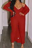 Black Wholesale Women's Ribber Jumpsuits+Cardigan Coat Plain Color Suits SY8832-3