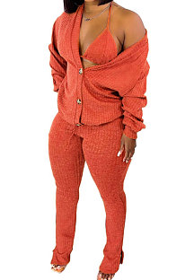 Orange Women Pure Color Velvet Coat Underwear Pocket Split Pants Three Pieces GL6519-1