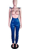 Blue Modest Women's Leather High Waist Suspenders Pants N9307-2