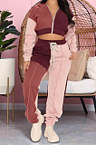 Black Women Keep Warm Zipper Spliced Contrast Color Hoodie Sport Pants Sets GL6521-3