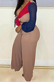 Lake Blue Sexy Matching Color Low-Cut Bandage Tops Wide Leg Pants With Pocket Suit MN8384-1