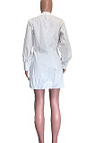 White Newest Women's Puff Sleeve Loose Drawsting Mini Dress ORY5213-1